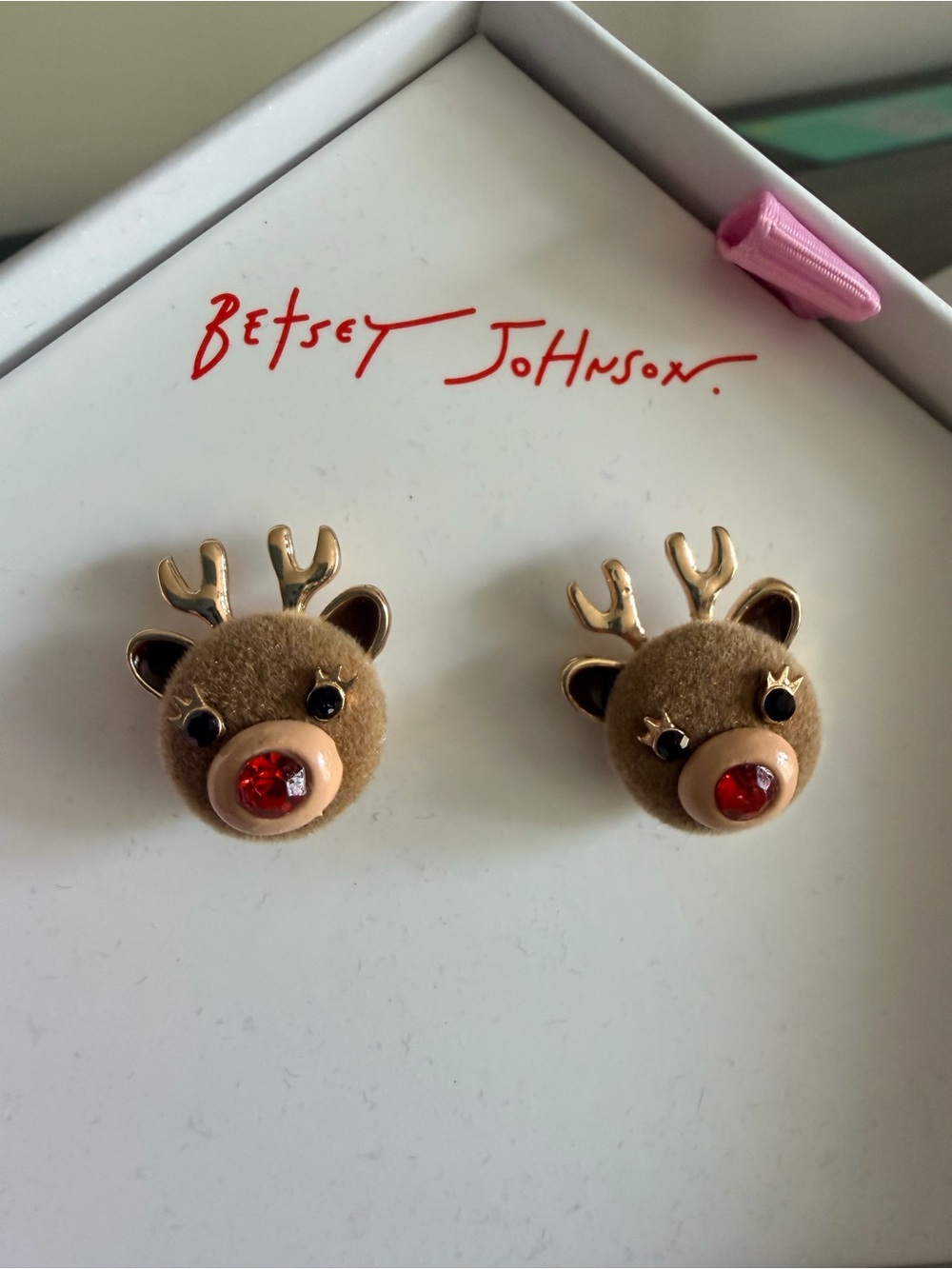 Betsy Johnson NEW in box Reindeer w/red nose felt feel stud earrings